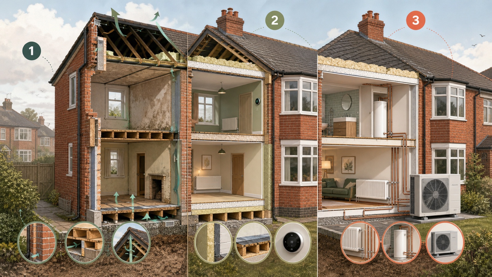 A 1930s red-brick semi shown through three stages: checking moisture and construction, improving loft and floor fabric, then designing a heat-pump heating system.