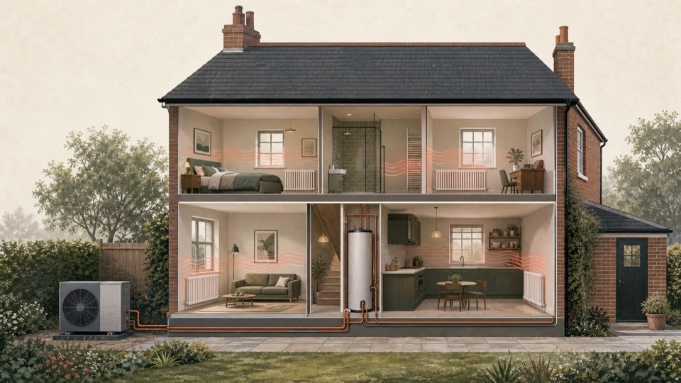 British home showing heat-pump, radiator and hot-water design.