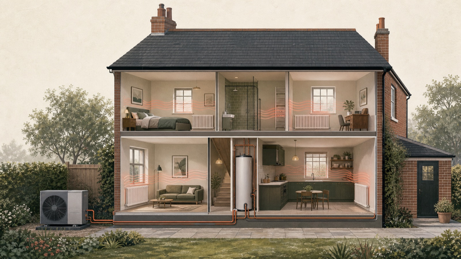 Cutaway of a British home showing an air-source heat pump, hot-water cylinder, pipework and radiators working as one designed system.