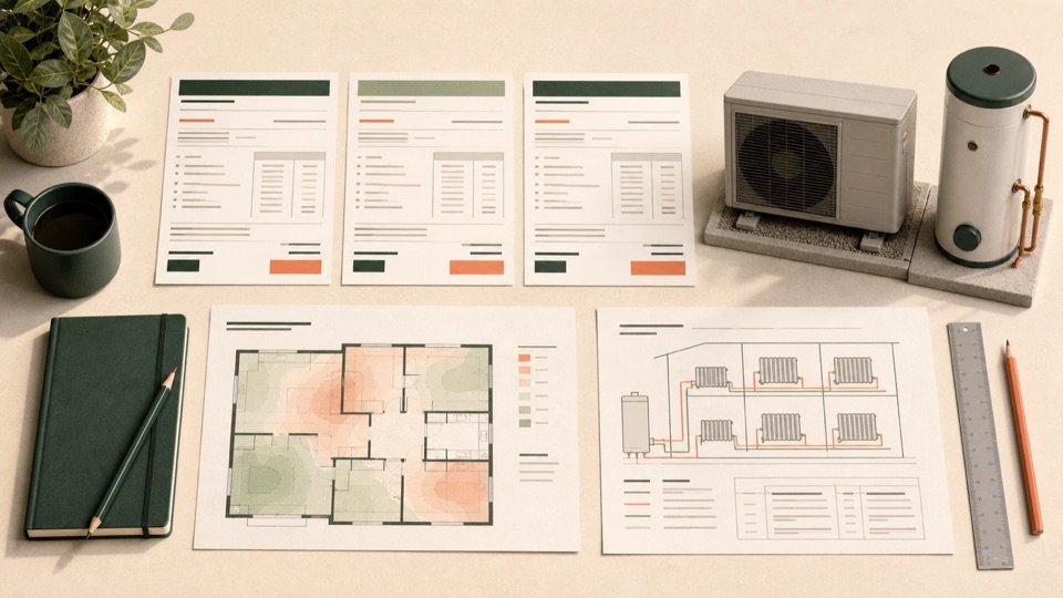 Two heat-pump proposals compared with room heat-loss information.