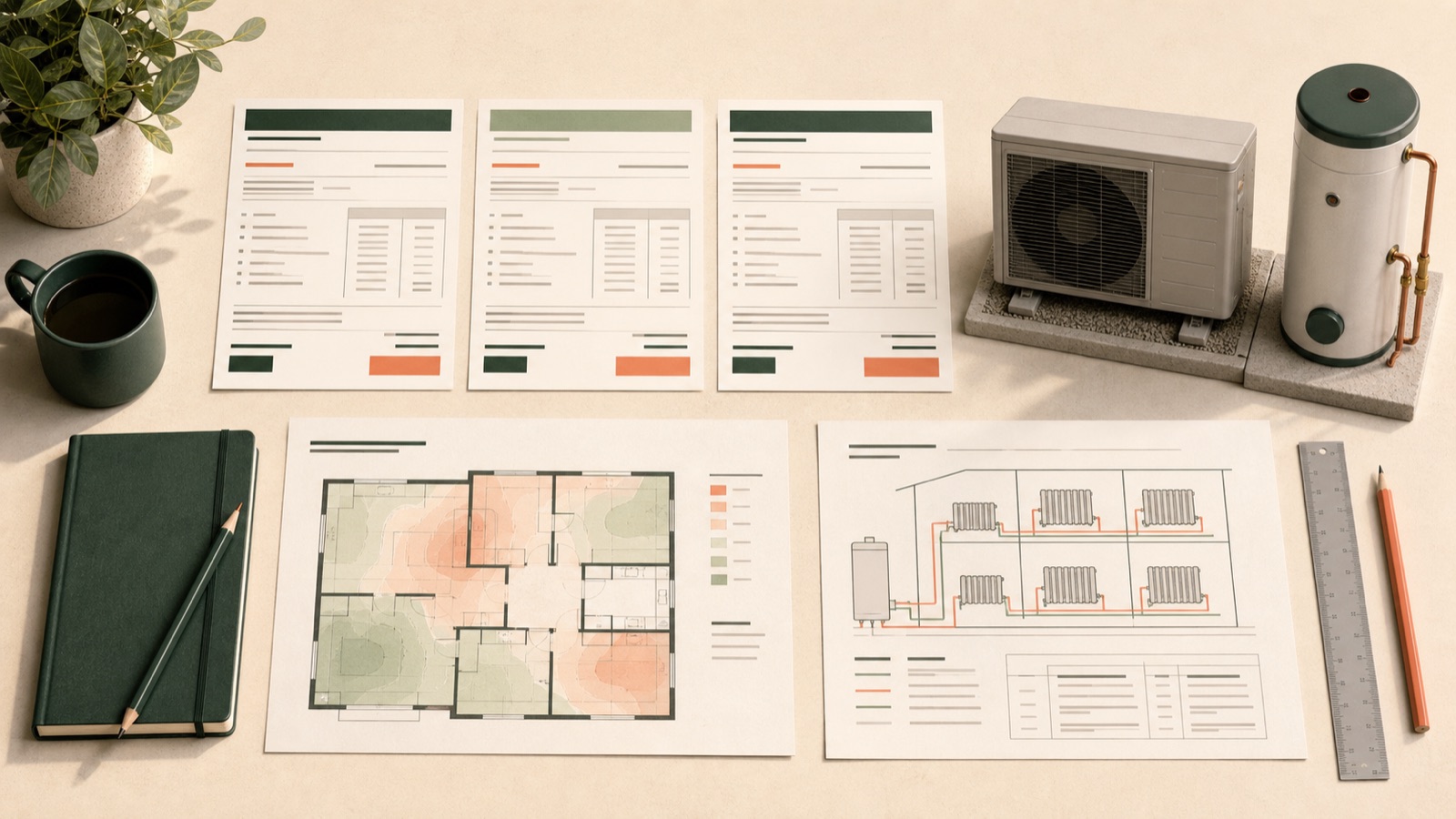 Three heat-pump quotations arranged beside a room-by-room heat-loss plan and heating-system diagram.