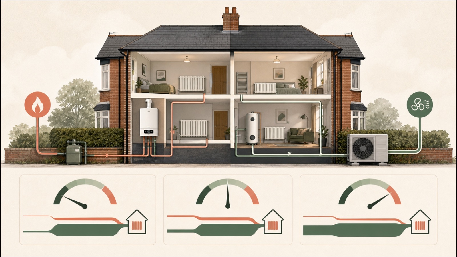 A British home comparing gas-boiler and heat-pump energy paths across three seasonal efficiency scenarios.