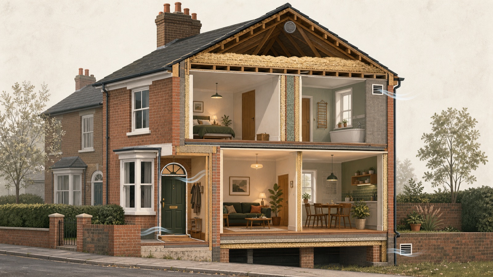 Cutaway of an older British home showing loft and wall insulation while ventilation openings remain clear.
