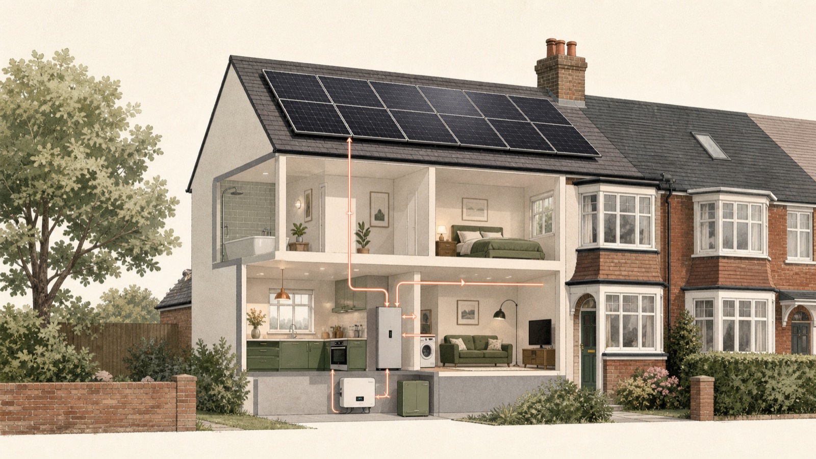 Cutaway of a British semi-detached home showing rooftop solar connected to an inverter, battery and household electricity use.