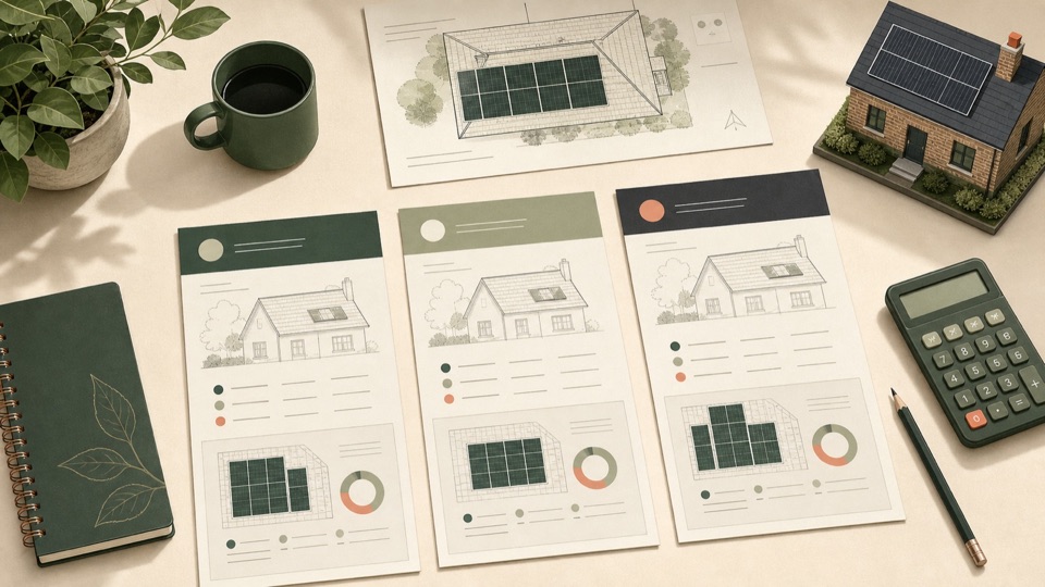 Solar proposals arranged beside a roof plan and energy calculator.