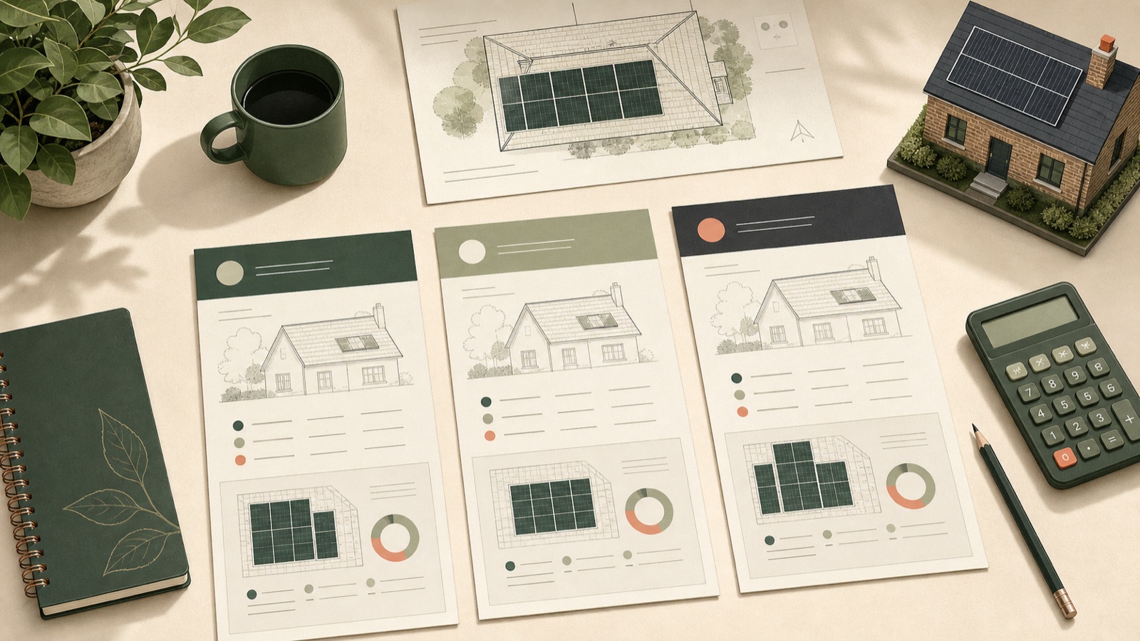 Three solar quotations arranged beside a roof layout, calculator and model British house with solar panels.