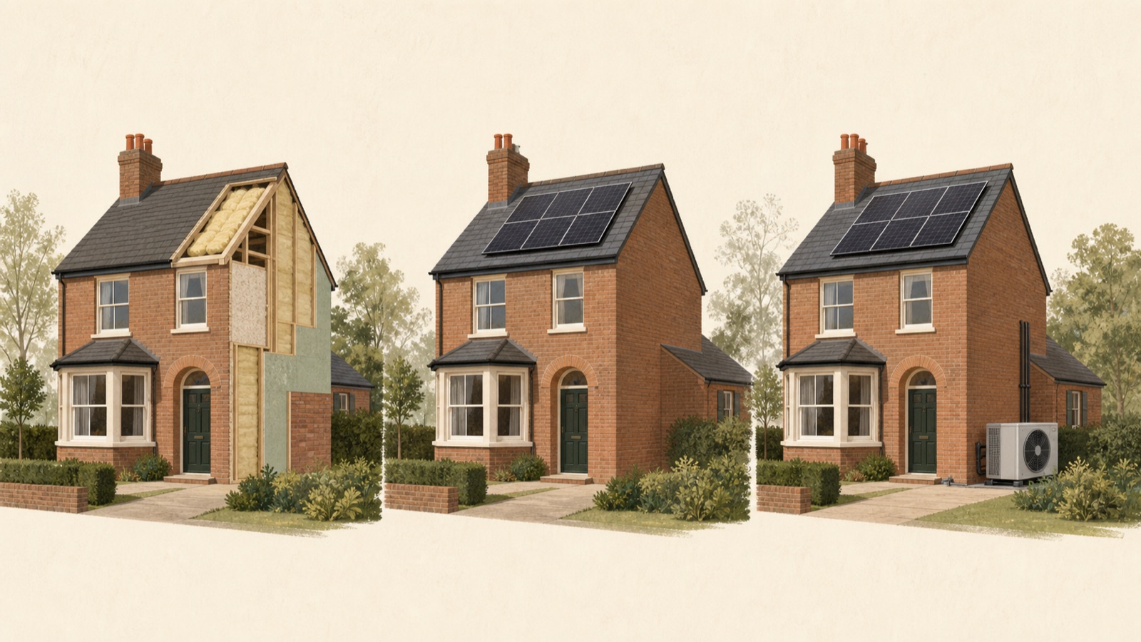 The same British house shown through three stages: insulation, rooftop solar and an air-source heat pump.