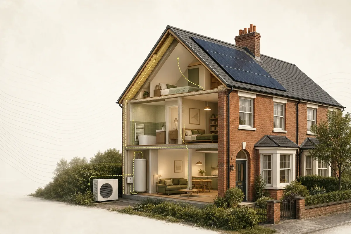 Illustrated British home showing insulation, solar and low-carbon heating as one connected plan
