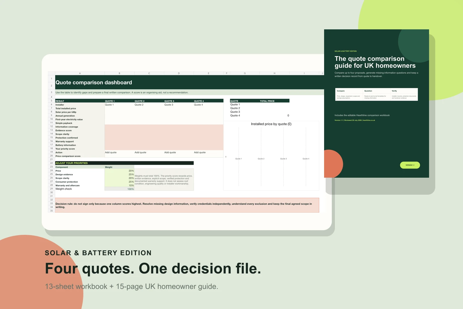 Hearthline Solar and Battery Quote Pack workbook, guide and checklists.